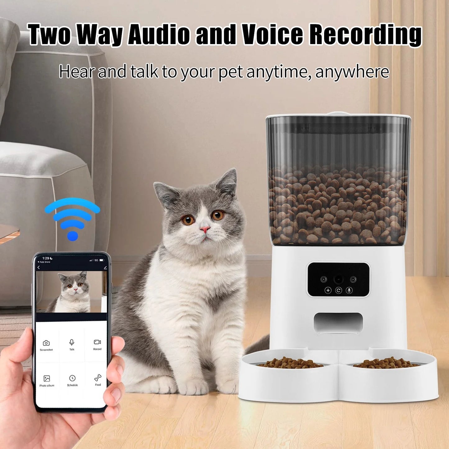 Automatic 5L Pet Feeder with 1080p WIFI Camera and 2 bowls, Two Way Talk, Remote APP Control Support