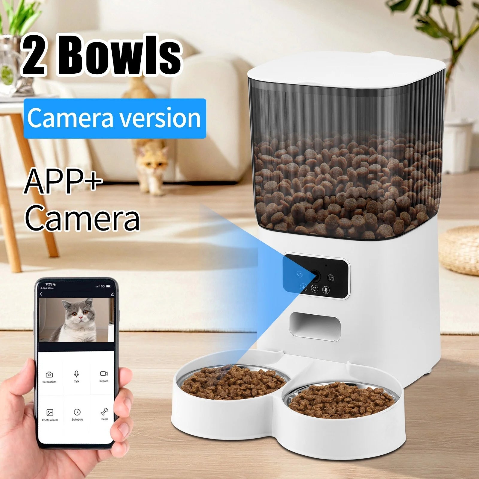 Automatic 5L Pet Feeder with 1080p WIFI Camera and 2 bowls, Two Way Talk, Remote APP Control Support