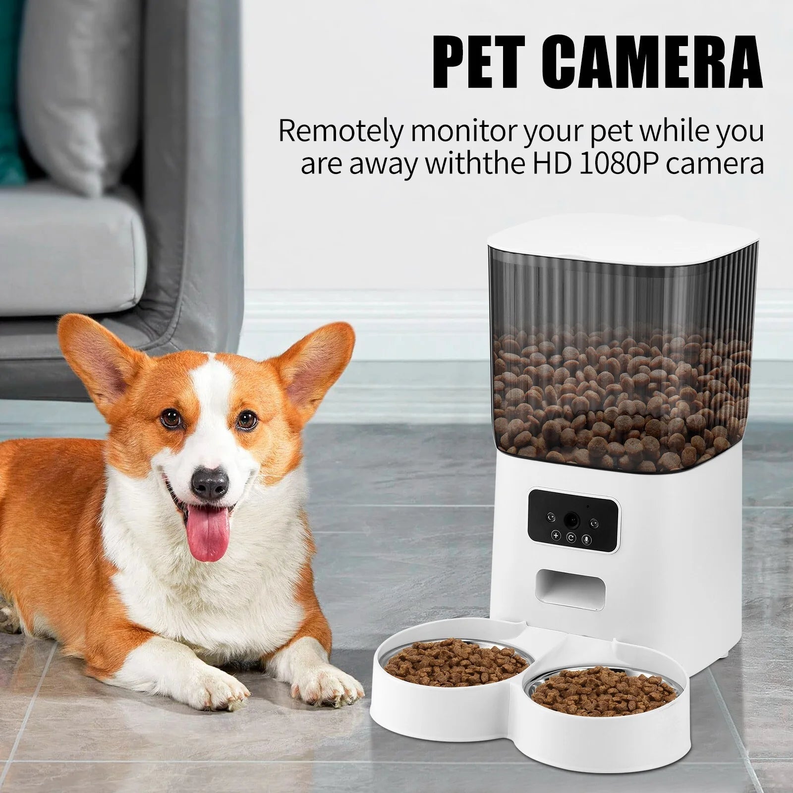 Automatic 5L Pet Feeder with 1080p WIFI Camera and 2 bowls, Two Way Talk, Remote APP Control Support