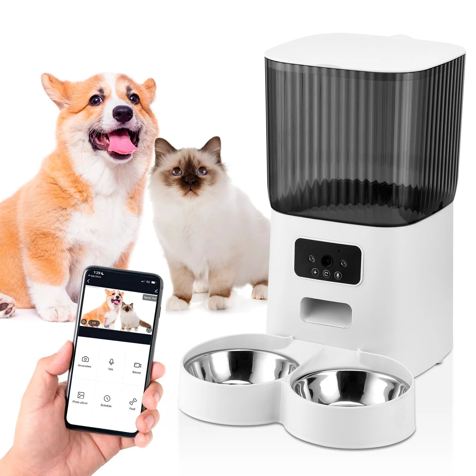 Automatic 5L Pet Feeder with 1080p WIFI Camera and 2 bowls, Two Way Talk, Remote APP Control Support